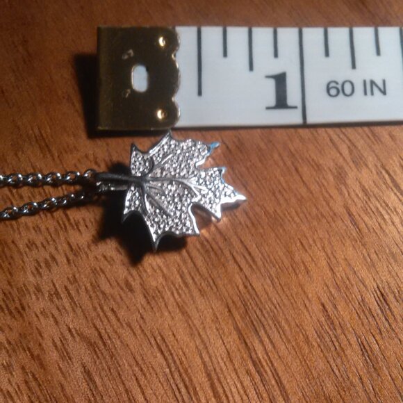 White Diamond Accent Platinum Bond Leaf Pendant Stainless Steel Necklace - Picture 3 of 10